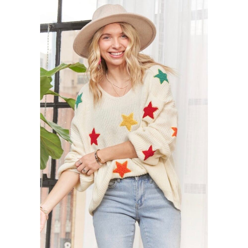 Star Patched Loose Fit Sweater Top NWOT